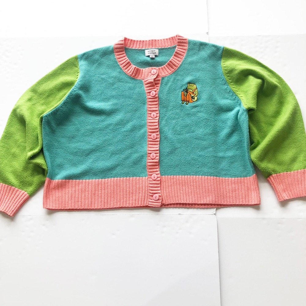Unique Vintage Sweater Womens 4X 5X Colorblock Teal Green Pink Frog Cardigan - Picture 3 of 12